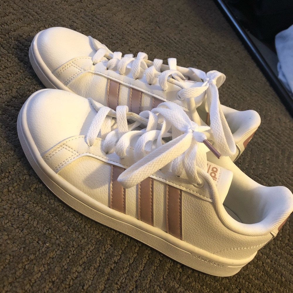 Adidas Cloudfoam Rose Gold and White Sneakers